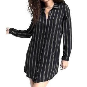 A6 NEW BELLA DAHL Black Striped Lurex Rayon Covered Buttons Shirt Dress Size XS